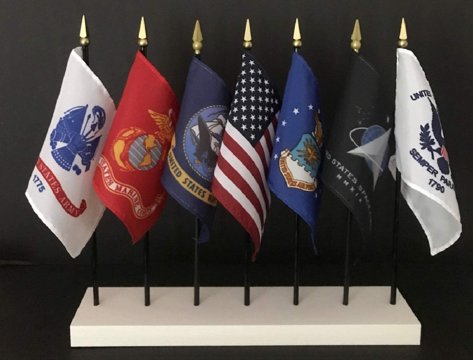 Details about   Military Armed Forces 5 Branch Service Miniature Flag Desk Set Table Gold Base 